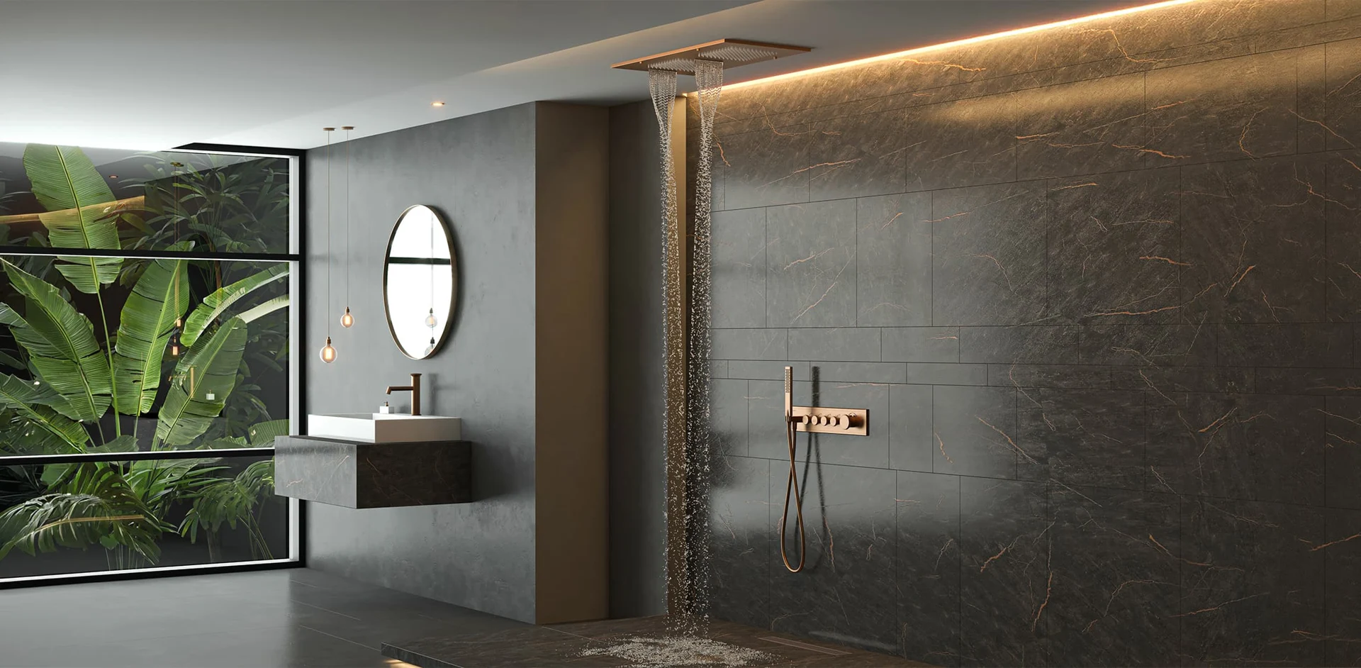 Dark stone bathroom with a TESKA overhead shower, hand shower and basin faucet